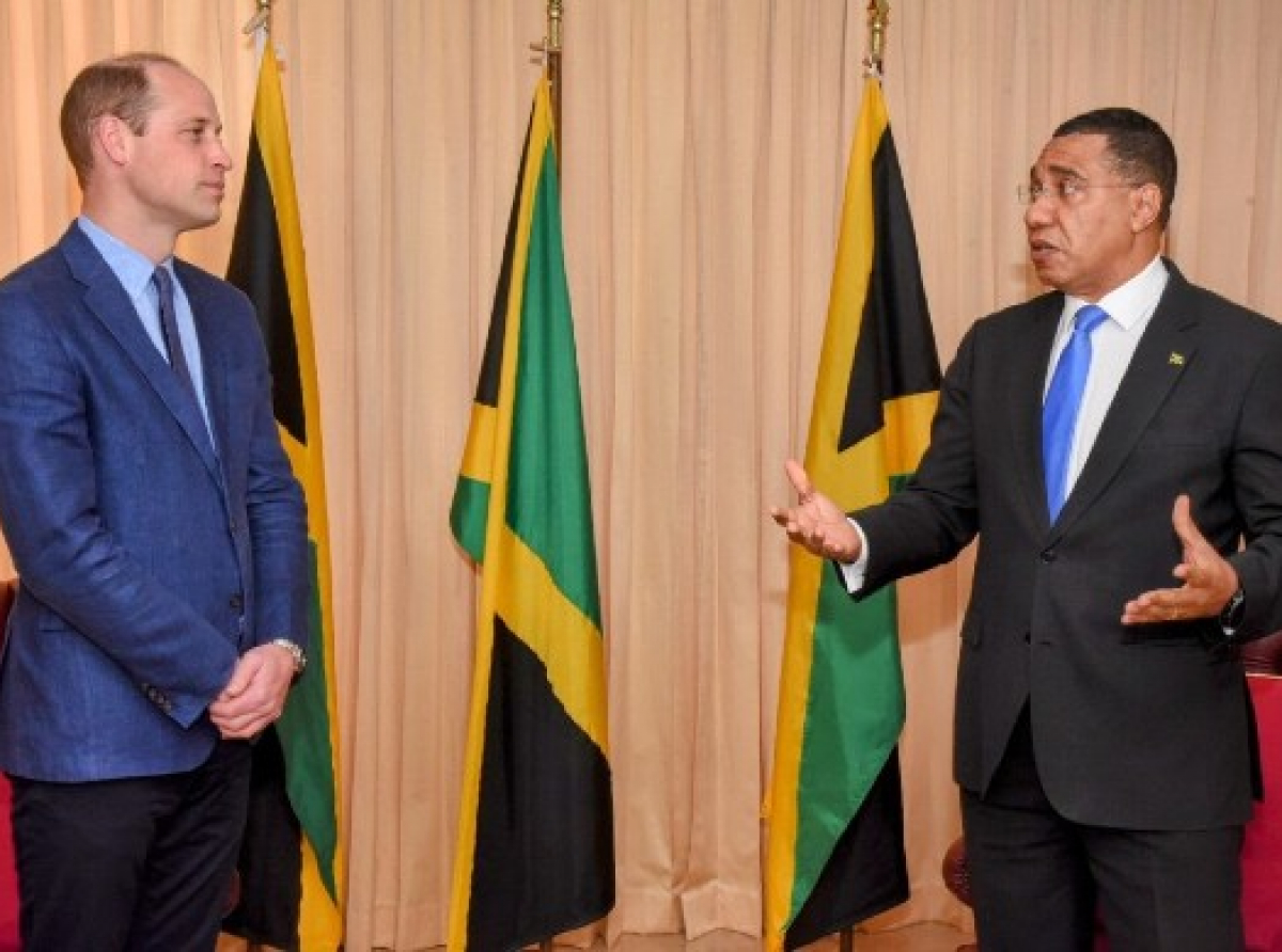 Prime Ministe Andrew Holness (right) in conversation with His Royal Highness, the Duke of Cambridge, during a courtesy call. (Photo: JIS)